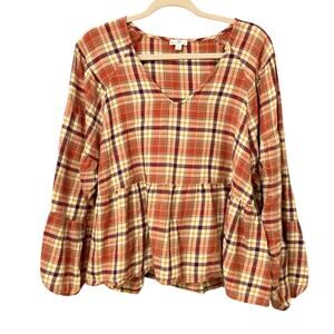 Dip Organic Cotton Autumnal Plaid Long Sleeve Peasant Blouse Size L EUC